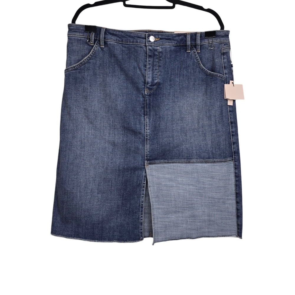 NYDJ Womens Clean Seline Front Slit Patchwork Denim Midi Skirt Size 14 NWT